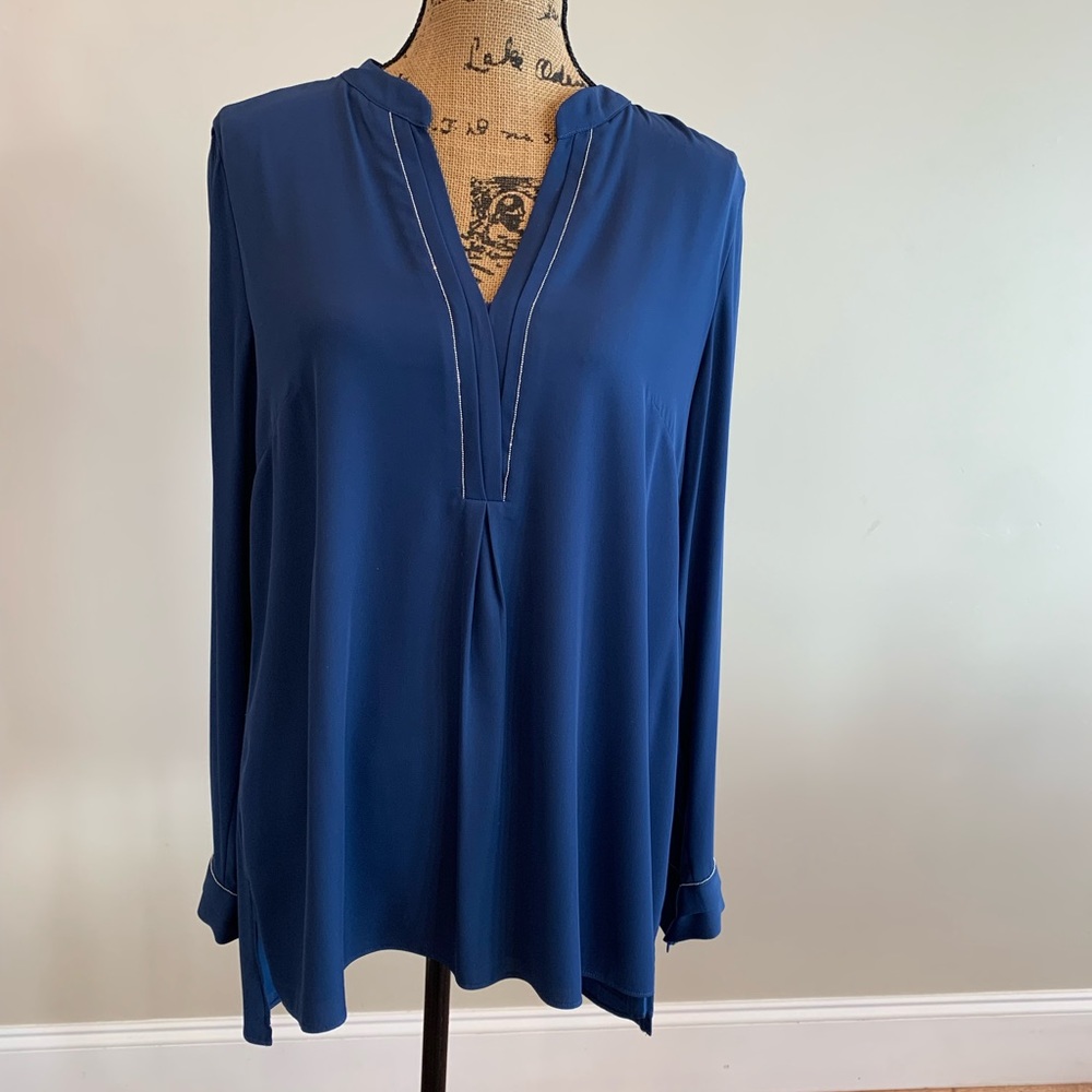 WHBM Cobalt illusion blouse long sleeve v neck zipper detail size 10